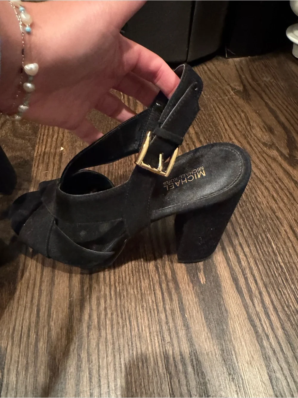 Michael Kors Black Suede Crisscross Slingback Heels with Gold Buckles